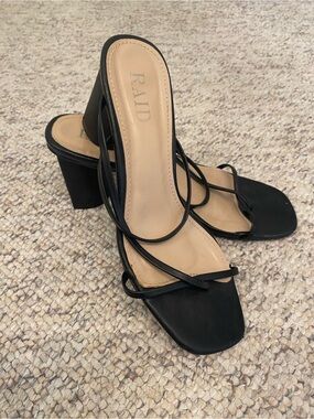 RAID Black Strappy Square-Toe Block Heel Mules